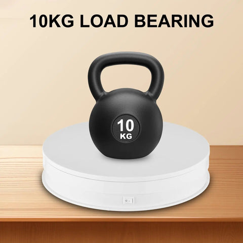 10 Inch Electric Photography Turntable with 10KG kettlebell, showcasing product details on a white rotating platform.