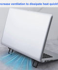 Laptop on desk with Two Pack Keyboard Riser With Dual Tilt Angles, showing increased ventilation for heat dissipation.