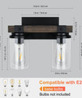 Farmhouse Wood Black Vanity Light Fixture Dope Two Light Rustic Wall Sconce With Clear Glass Shade dimensions and bulb info