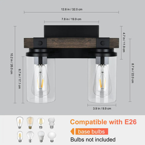 Farmhouse Wood Black Vanity Light Fixture Dope Two Light Rustic Wall Sconce With Clear Glass Shade dimensions and bulb info
