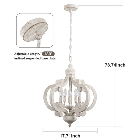 Farmhouse 5 Light French Country Wood Chandelier For Dining Room And Kitchen Island, Rustic White Pendant Fixture dimensions