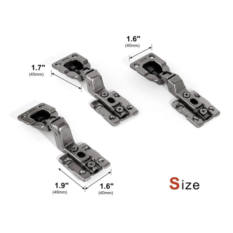 Invisible Hydraulic Damper Soft Close Metal Hinges For Furniture And Wood Doors Perfect For Kitchen Cabinets And Cupboards Half Overlay 2 Pack; three hinges with dimensions.