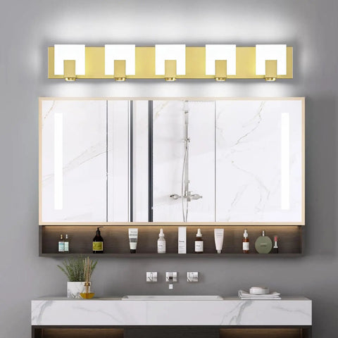 Dimmable Modern Bathroom Vanity Light Over Mirror In Golden Finish LED 5 Light Bar Fixture Slim Angled Design