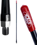Black 4 ft fiberglass CB radio antenna with VibraSorb anti-breakage design, close-up of red tip and metal base fitting.