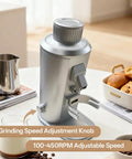 Electric Single Dose Coffee Grinder Kicks It Up Notch With Plasma Anti Static Magic And 63 Mm Conical Burrs For Zero Retention shows grinding speed adjustment knob.