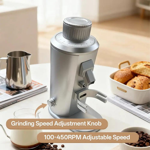 Electric Single Dose Coffee Grinder Kicks It Up Notch With Plasma Anti Static Magic And 63 Mm Conical Burrs For Zero Retention shows grinding speed adjustment knob.