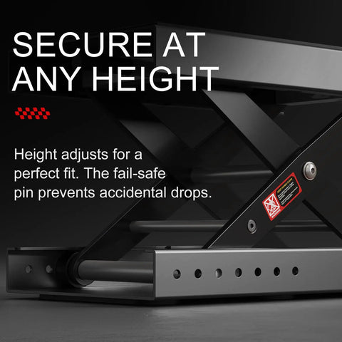 Close-up side view of Beefy Heavy Duty Motorcycle Scissor Lift Jack 1100 Lbs Capacity with upgraded M16 screw and dual shafts.