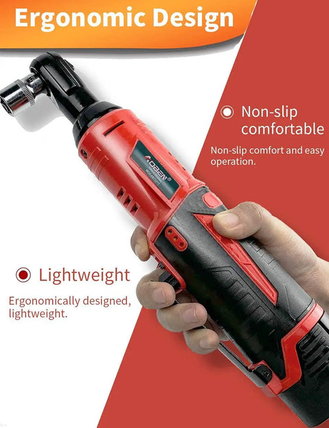 Person holding 12V Electric Ratchet Wrench Set 3 By 8 Inch Drive with ergonomic design and non-slip grip feature.