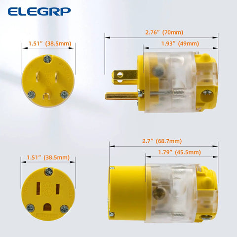 Lighted Straight Blade Electrical Plug And Connector Set 15 Amp 125 Volt NEMA 5 15P NEMA 5 15R 2 Pole 3 Wire Grounding Commercial Grade Yellow Replacement End For Heavy Duty Use