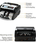 DOMENS Ultraviolet And Magnetic Money Counter Machine For Us Dollars top view showing LCD display, hopper, and impeller, detailed features labeled.