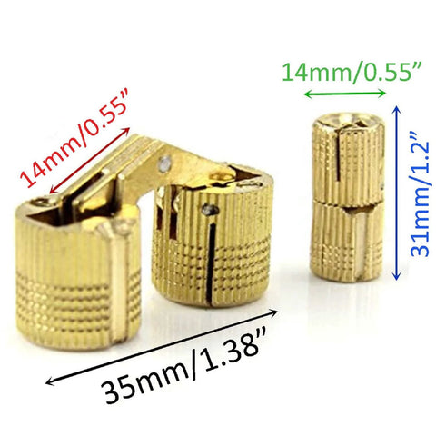 Brass Hidden Cabinet Hinges 4 Pcs 14mm Barrel Concealed Hinges With 180 Degree Opening, brass material close-up view