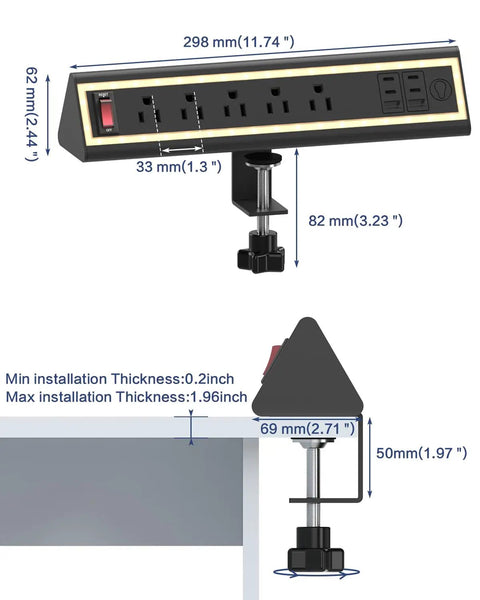 Dimensions of Space Saving Desk Clamp Power Strip with Night Light, 40W Fast Charging, 6ft Cord, showing clamp fit on desk edge.
