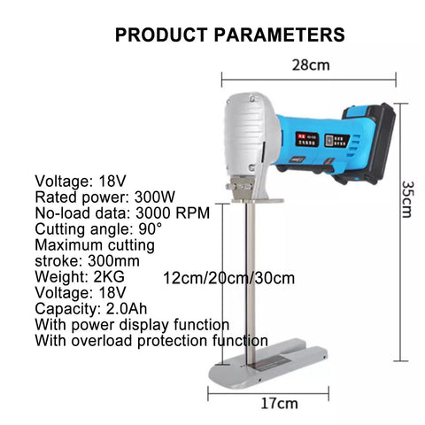 Diagram displaying the Beast 300W Foam Cutter With Adjustable 6, 8, and 12 Inch Cutting Heights, highlighting product dimensions.