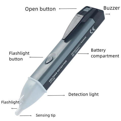 Non Contact Voltage Tester Pen With Led Flashlight And Buzzer Alarm AC Voltage Detector From 60V To 1000V showing buttons and features