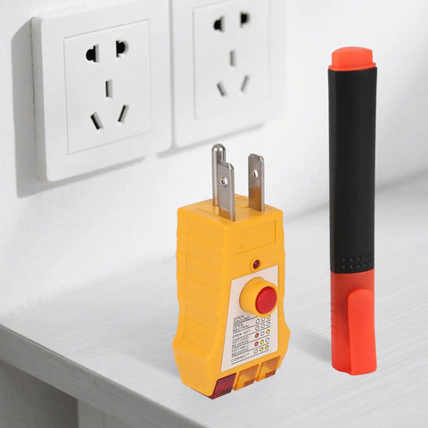 All-in-One Grounding Tester Kit With GFCI Outlet Checker And Conductivity Pen on desk with US standard outlets