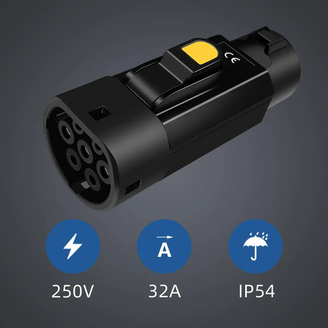 Type 1 To Type 2 EV Charging Adapter 32A 7KW SAE J1772 To IEC 62196 Converter with fast plug and IP54 weatherproof design