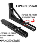 Legit Heavy Duty Folding Shelf Brackets Solid Steel Wall Mounted Space Saver With Rock Solid Two Hundred Twenty Pound Capacity For Tables Work Benches Rustic Home Storage in expanded state showing foldable design.