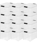 Straight Up Premium 54 Qt Stackable Storage Bins With Lids 12 Pack Clear Plastic Totes for Closets and Garages stacked in rows.