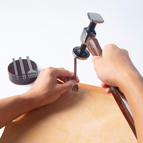 Person using Leather Punch Kit For DIY Leathercraft, 4mm Hole Punch Set With 1 2 4 6 Teeth, Pro Grade High Speed Steel prong chisel