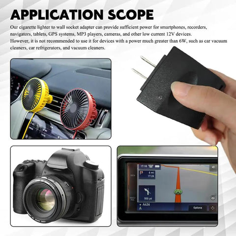 Rock Solid Car Cigarette Lighter Adapter Converts 90 To 240 Volt AC To 12 Volt DC Wall Plug Power Inverter shown powering car fans, camera, and GPS
