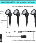 Outdoor RGB Color Changing Spotlight Kit With Remote, showing 4 LED lights on spikes with size and distance measurements labeled