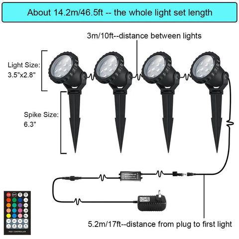 Outdoor RGB Color Changing Spotlight Kit With Remote, showing 4 LED lights on spikes with size and distance measurements labeled
