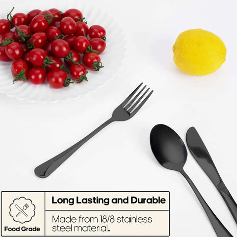 Portable Stainless Steel Travel Utensil Set With Case Reusable Fork And Spoon for Work Camping Picnics Dishwasher Safe Black Cutlery Kit with cherry tomatoes and lemon