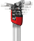 ErgoStar Ball End Hex L Keys Set 9 Piece, chrome satin finish, CNC machined, in compact holder viewed from top angle.