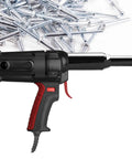 Electric Auto Rivet Gun Featuring Knockout Dual Finger Trigger Control and Badass Heat Dissipation Vents Supporting Four Rivet Sizes, close up view.