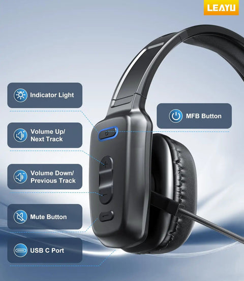 60 Hour AI Noise Canceling Bluetooth Wireless Headset With Mic For Trucks And Office Use, side buttons view