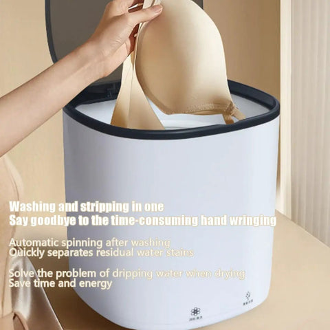 Woman using Portable 4.5L Mini Washer With 24W 12V Power, Compact Blue Light Spin Washer for apartment living, single tub with beige top.