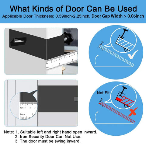 Image showing Heavy Duty Door Mount Bracket For Lockboxes Featuring Slick Swivel Hooks and dimensions for door compatibility.