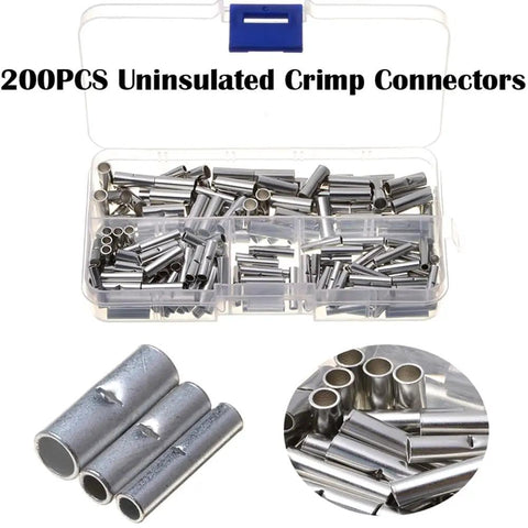 Top Grade 200 Pack Non Insulated Butt Splice Connectors Tinned Copper Crimp Terminals Assorted Wire Kit For 22-18 16-14 And 12-10 Awg Heavy Duty Electrical Splicing That Works Wicked Well., 200pcs uninsulated crimp connector kit in storage box