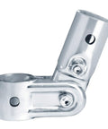 Close-up of galvanized steel adjustable angle pipe clamp connector for 3/4 inch EMT conduit. Ten Pack Beefed Up Adjustable Angle Pipe Clamp Connectors For 3/4 Inch EMT Conduit No Sweat Install High Octane Galvanized Steel Brackets Smooth 90 Degree Pivot Heavy Duty Wiring Gear.