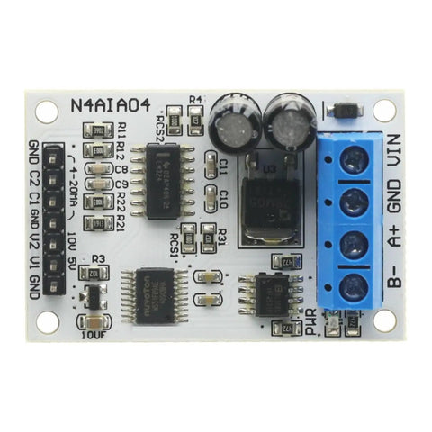 Close-up view of 12V DC Signal Acquisition Module for PLCs with 4-20mA to 0-5V and 0-10V outputs RS485 Modbus RTU interface.