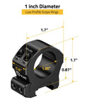 Heavy Duty Rock Solid One Inch Scope Rings For Rifle Scopes With Lockdown Picatinny Rail Base showing dimensions and details.