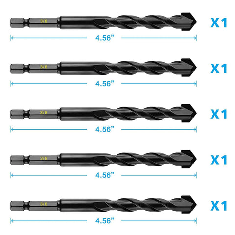Five black 3/8-inch carbide masonry drill bits with hex shanks, about 4.56 inches long