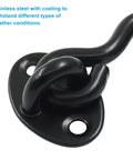 Heavy Duty 2 Inch Hook And Eye Latch In Matte Black Stainless Steel For Outdoor Gates And Barn Doors Rust Resistant Privacy Hardware That Keeps Your Place Locked Up Tight With Screws close-up of hook and eye latch with black coating for weather resistance.