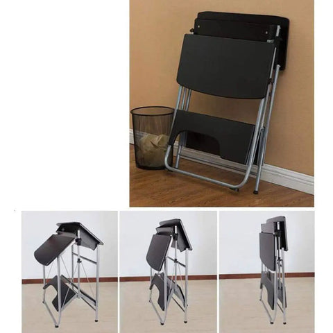 Adjustable Height Sit Stand Workstation Mobile Standing Desk Foldable Computer Table With Sturdy Waterproof Surface in folded position against wall.