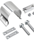 Front view of LWNWPPER 2.5 in exhaust clamp kit (2pc), 304 stainless steel; includes two band clamps with bolts, nuts and mounting brackets.