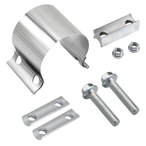 Front view of LWNWPPER 2.5 in exhaust clamp kit (2pc), 304 stainless steel; includes two band clamps with bolts, nuts and mounting brackets.