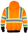 Back view of High Visibility ANSI Class 3 Reflective Safety Fleece Hoodie For Men With Detachable Hood Full Zip Orange With Black Hem Heavy 9.88oz