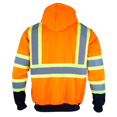 Back view of High Visibility ANSI Class 3 Reflective Safety Fleece Hoodie For Men With Detachable Hood Full Zip Orange With Black Hem Heavy 9.88oz