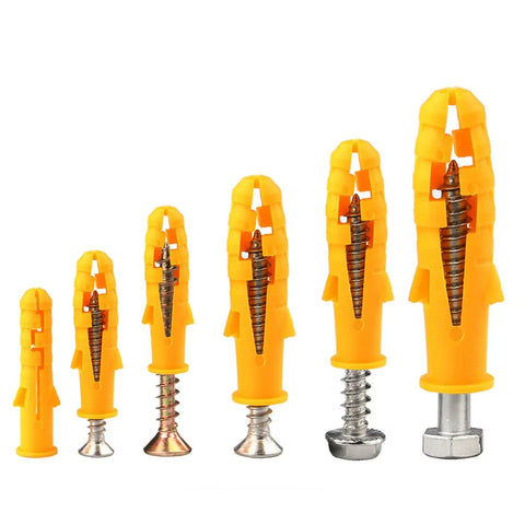 Yellow Plastic Expansion Anchor Kit With Zinc Plated Self Tapping Screws For Drywall Concrete Brick Hollow Walls 8mm Wall Plugs 50 Pieces