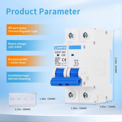 20 Amp Two Pole 120V And 240V Circuit Breaker With Thermal Magnetic Trip For Solar And RV Systems DIN Rail AC Disconnect C20 Multi Voltage Protection.