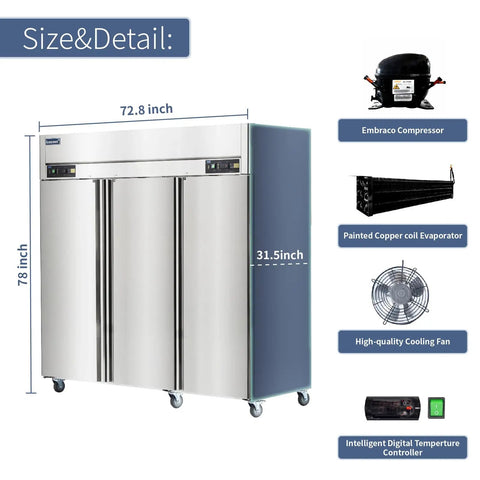 72 Inch Wide Commercial Refrigerator And Freezer Combo Three Doors Hella Roomy For Bulk Prep Heavy Duty Kitchen Essential Built Tough to Handle Non Stop Service With Size and Features Overview