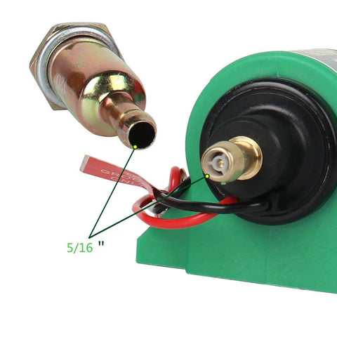 Image of a 12V Universal Inline Fuel Pump with 5/16 inch inlet and outlet, showing copper coil motor component