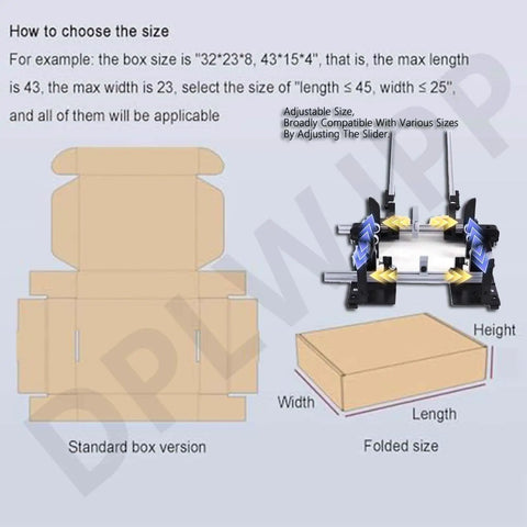 How to choose the size for Top Shelf Adjustable Carton Folding Tool For Shipping Boxes Manual Packaging Assistant 65 Cm with diagrams.