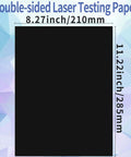 Front view of package: 10 pieces black double-sided laser testing paper, 210 × 285 mm (8.27 × 11.22 in).