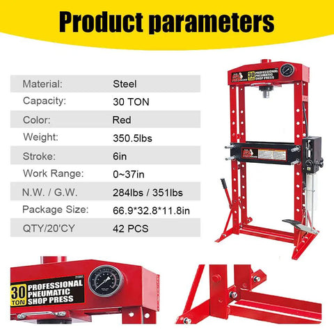 30 Ton H Frame Hydraulic Shop Press With Floor Press Plates For Garage And Shop Use shown with product parameters